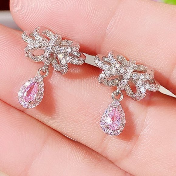 Diamond CZ Water Drop Crystal Fairy Bow Shape Earring for Women, HA4543 - Picture 1 of 6